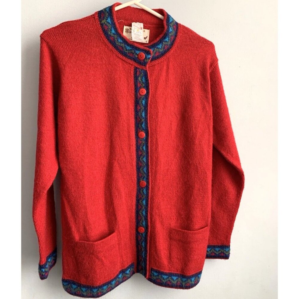 Juanitos Baby Alpaca Cardigan Peru 100% Wool Red/Blue Trim Handmade Womens S/M